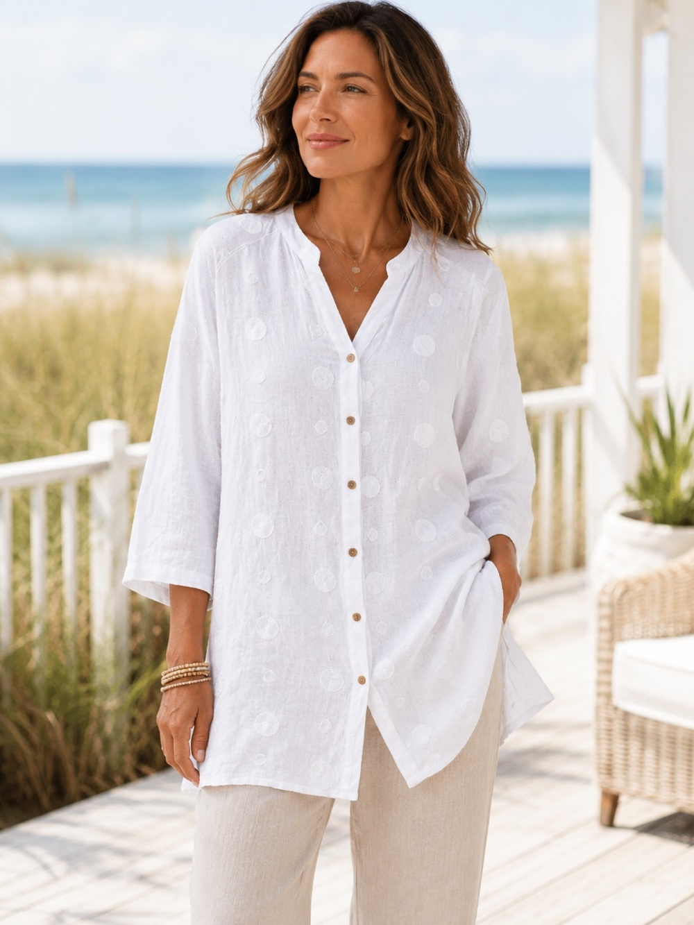 European Linen Embroidered Tunic Coastal Boho White Top Button Up Lagen Capsule